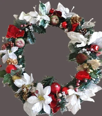 H/made Xmas Wreath/fully dectd. 15+"/fir base,white/sil./floral/pine cones/fruit - Image 1 of 4