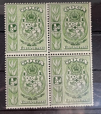 Tonga 1942 1/2d green in block of 4 MNH Wmk Script CA Cover