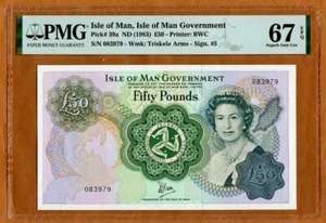 Isla de Man, 50 libras, ND (1983), P-39a, QEII, PMG-67 EPQ Excelente gema UNC - Imagen 1 de 2