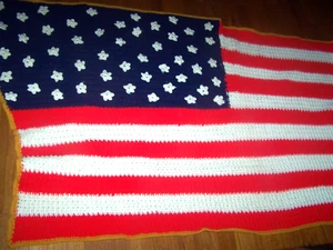 Manta de ganchillo afgana hecha a mano con bandera americana arte popular 48" x 96" - Imagen 1 de 4