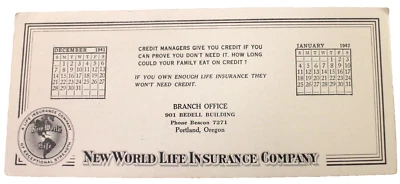 Blotter de tinta publicitaria New World Life Insurance Portland Ore. 1942 9 x 4 Foto 1 de 4