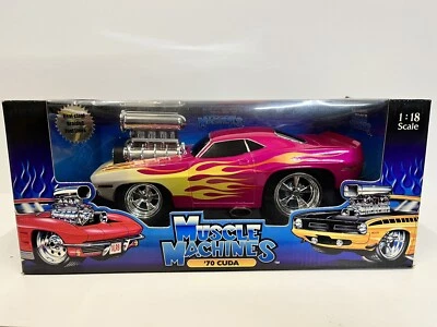 70 CUDA HOT PINK  W/ FLAMES MUSCLE MACHINE  MIB. 1:18 - Image 1 of 4
