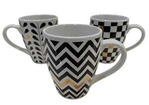 PAI Juego de 3 Tazas Patrón Negro Blanco Oro Chevron Checker Hoja Cerámica Moderna - Imagen 1 de 5
