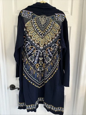 Cárdigan Soft Surroundings Plumero Bordado Piel Plateada Longline Azul Marino 3X Nuevo con Etiquetas Foto 1 de 4