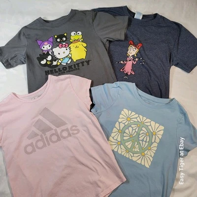 Lot Of 4 GIRLS tees Pink Blue Gray Hello Kitty Cat & Jack Cindy Lou Adidas - Image 1 of 4