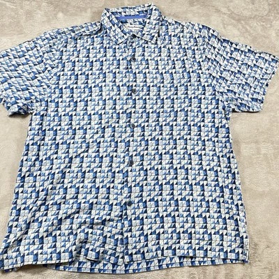 Tommy Bahama Silk Hawaiian Shirt Mens  Blue Geometric Mosaic Tiles Large - Image 1 of 4
