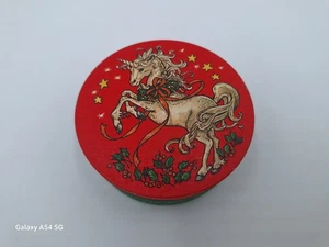 Vintage Potpurri Presse Weihnachten Einhorn Dose Schmuckkästchen Metall rund 80er - Bild 1 von 15
