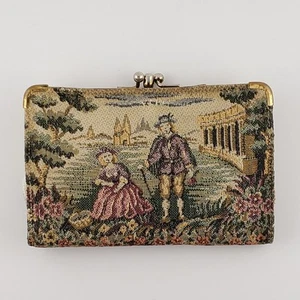 Vintage Gobelin Geldbörse französisches Paar Gartenszene Kisslock Leder Reißverschlusstasche - Bild 1 von 10