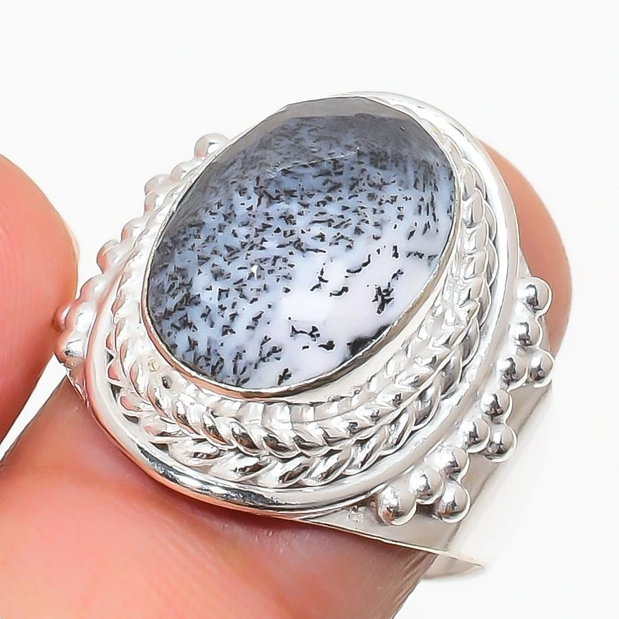 Natural Dendrite Opal Gemstone 925 Sterling Silver All Size Ring For Gift - Image 1 of 1
