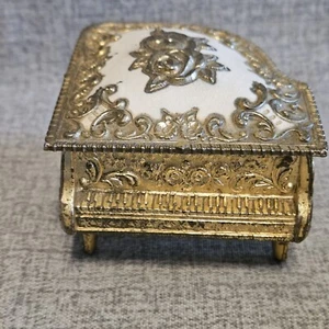 Vintage Piano Gold Tone White Enamel Jewelry Box Lined Red Felt Roses Ornate - Picture 1 of 12