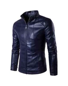 Navy Blue Men's Leather Jacket Genuine Lambskin Motorcycle Cafe Racer Jacket - Picture 1 of 6