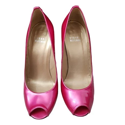 Zapatos de tacón alto Stuart Weitzman talla 7,5 Barbie rosa charol punta abierta Foto 1 de 4