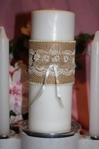 Sackleinen Spitze Country Perlen Perlen Hochzeit weiß Einheit Kerze Taper - Bild 1 von 1