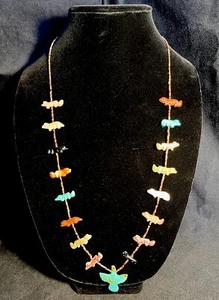 Sterling 925 Zuni Carved Stone Animals Dangling Turquoise Eagle Fetish Necklace - Picture 1 of 8