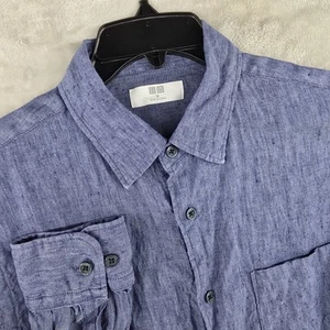 Uniqlo Premium Mens 100% Linen Blue Button Up Long Sleeve Shirt Medium Preppy - Picture 1 of 7