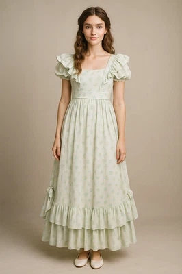 Prairie Maxi Dress XS Cottagecore 60s 70s Boho 2 Piece Layered White Floral - Image 1 of 4