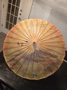 Japanischer Regenschirm Sonnenschirm Reispapier handbemalt Vögel Vintage - Bild 1 von 8