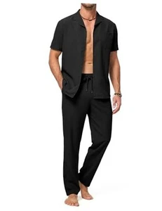 Men's Beach Outfit 2 Piece Casual Button Down Shirt Short Sleeve Loose Shirts - Picture 1 of 7