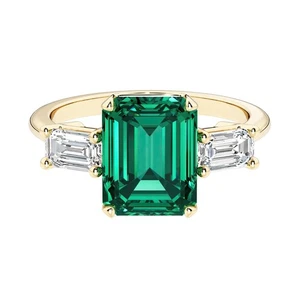 14k Gold 2 Ct Emerald Cut Lab Grown Emerald & Diamond 3-Stone Ring for Women - Picture 1 of 8