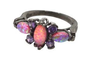Dunkelsilber Schmetterling Ring - Feueropal & lila CZ Edelsteine, Größe 8, 3,5 g - Bild 1 von 13