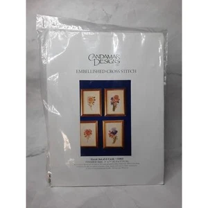 Vintage Candamar Designs Embellished Cross Stitch Kit Set of 4 Floral Cards - Picture 1 of 8