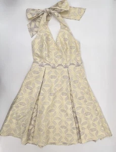 ModCloth Dress Womens Small Ivory Halter Top Fit Flare Brocade Pockets Open Back - Picture 1 of 11