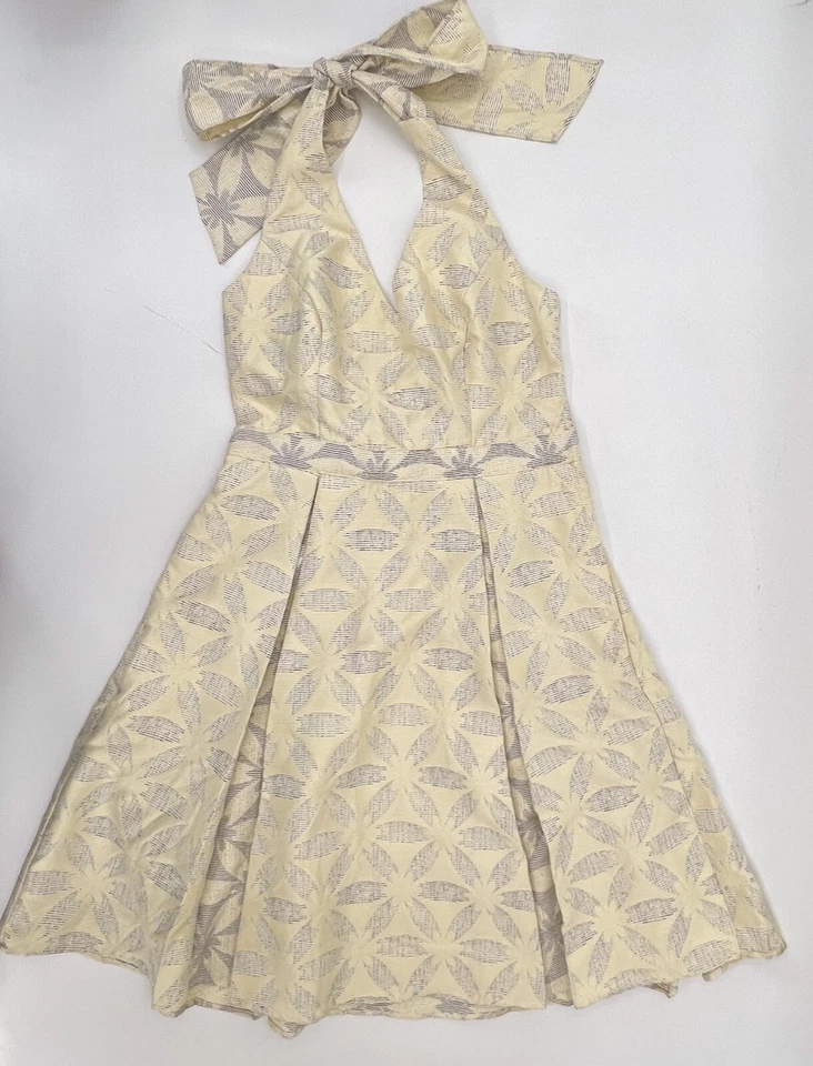 ModCloth Dress Womens Small Ivory Halter Top Fit Flare Brocade Pockets Open Back - Image 1 of 4