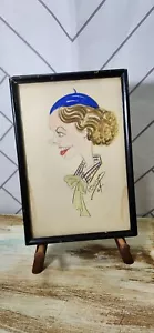 Disegno caricatura vintage anni 30 schizzo donna profilo arte originale incorniciato firmato - Foto 1 di 11