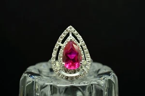 925 Sterling Silver Pear Cut Pink Ruby Ring Band w/ Double Halo Design Sz 6.75 - Picture 1 of 6