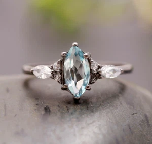 Natural Sky Blue Topaz Marquise Ring Solid Silver Black Oxidized Jewelry For Her - Picture 1 of 10