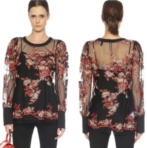 NWT BCBG MAXAZRIA SIZE L SHEER FLORAL EMBROIDERY LONG SLEEVE TOP - Picture 1 of 5