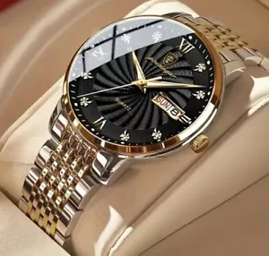 POEDAGAR Herren Armbanduhr, Herrenuhr, Silber Gold, Ziffernblatt Schwarz - Bild 1 von 5