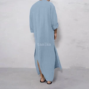 Mens Cotton Loose Muslim Clothing Long Sleeve Islamic Saudi Arab Kaftan Robe 3XL - Picture 1 of 27