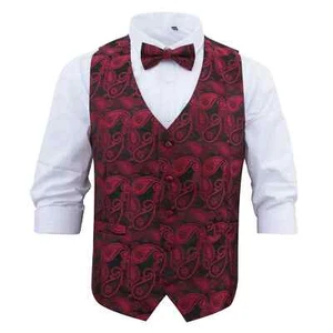 Juego de chaleco y moño bohemio tejido de cachemira negro y rojo de DQT - Imagen 1 de 3