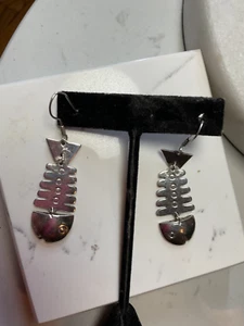 Taxco TR-91 Sterling Silver Fish Bone Pierced Earrings, 2 3/8" - Picture 1 of 4