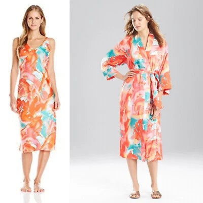 NATORI 2 件套橙色花朵雾吊带睡衣长裙 + 长袍套装 M 10/12 — 第 1/4 张图片