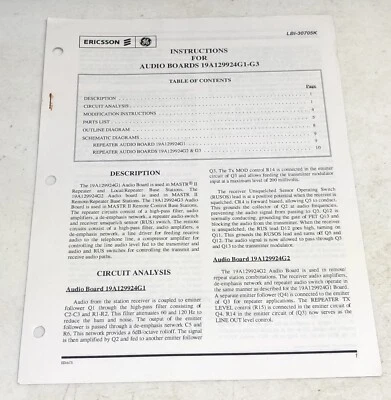 Ericsson GE Instruction for Audio Boards 19A129924G1-G3 LBI-30705K - Image 1 of 4