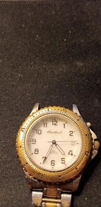 Vintage used EDDIE BAUER Mountlake Men's 38mm Quartz Watch Date Steel Gold Bezel - Picture 1 of 6