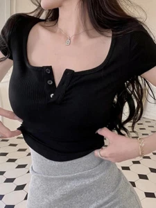 Sexy Damen transparentes tief ausgeschnittenes T-Shirt transparent durchsichtig bauchfreies Oberteil Kurzarm - Bild 1 von 16