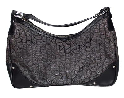 Bolso Hobo Calvin Klein Signature Logo Negro Plateado Tela con Borde de Cuero Sintético Foto 1 de 4