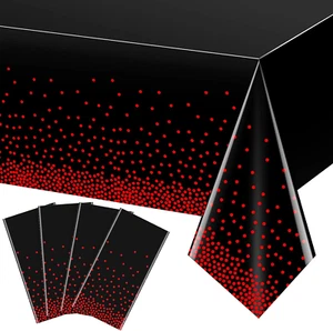 4 Pack Red and Black Dot Plastic Tablecloth, Red Stamping Dot Confetti Rectangle - Picture 1 of 7