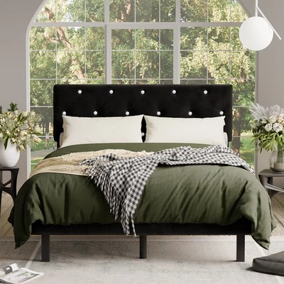 Tamaño Completo✅Marco de Cama Plataforma con Cabecero Tapizado de Terciopelo No Necesita Somier Foto 1 de 4