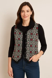 Talbots Petite M Pullover Weste schwarz weiß rot Nordic Fair Isle Strick Knopfleiste - Bild 1 von 4