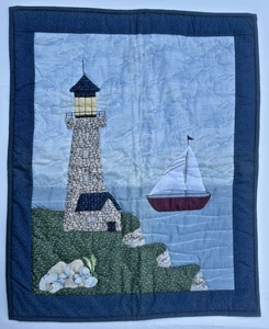 Vintage Hand Stitched Fabric Quilt Seashore Lighthouse Sailboat 32" X 26" - Picture 1 of 1