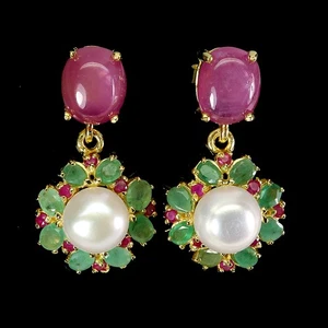 925 Sterling Silver Earrings Oval Ruby 10x8mm Emerald Pearl Gemstone Jewelry - Picture 1 of 14