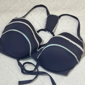 Shade & Shore Bikini Swim Top Navy Blue Lightly Lined Crochet Trim Halter Style - Picture 1 of 5