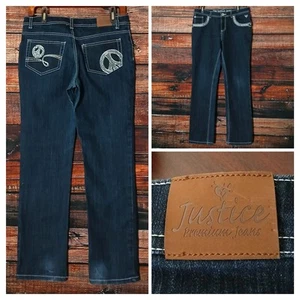 Justice Jeans Girls Size 12.5 Low Rise Sequin Embellished Peace Sign Dark Wash - Picture 1 of 10
