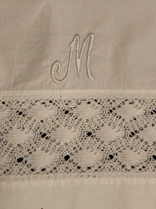 Antique  Embroidered Pillowcase "M"  Monogram White Crocheted Lace Insert - Picture 1 of 3