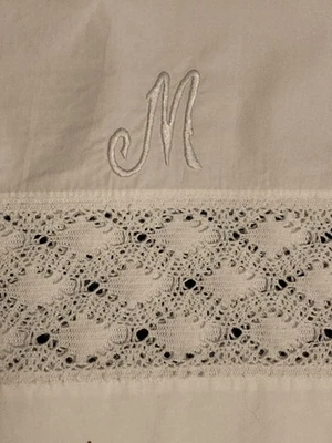 Antique  Embroidered Pillowcase "M"  Monogram White Crocheted Lace Insert - Image 1 of 3
