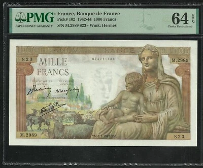 France : 1000 Francs Demeter 7-1-1943 ; PMG : Choice UNC 64 ; EPQ (Ref 1933) - Image 1 of 2